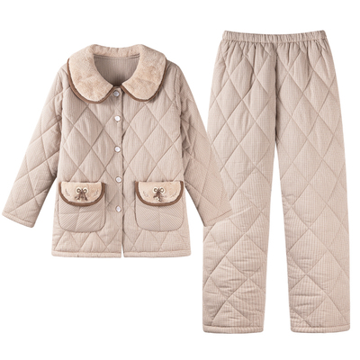 冬季纯棉夹棉睡衣女款梭织全棉三层加绒加厚冬款可外穿时尚家居服