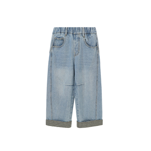 布丁哈鲁童装秋装女童百搭裤子2026春秋新款儿童格子翻边牛仔裤