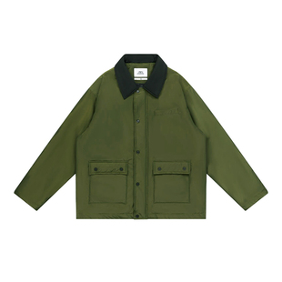 特惠7折 EMPTY REFERENCE 黑色翻领撞色绿色棉衣宽松保暖棉服