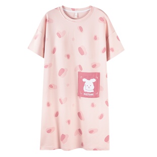 浪莎带胸垫睡裙女士夏季纯棉短袖薄款卡通可爱夏天连衣裙睡衣长裙