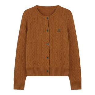 solighter 100%羊毛绞花刺绣针织开衫女秋季2025新款复古圆领外套