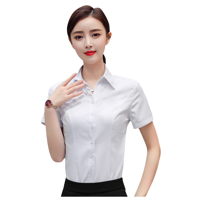 白衬衫女短袖夏季新款职业正装工作服薄款气质蓝色工装v领衬衣夏