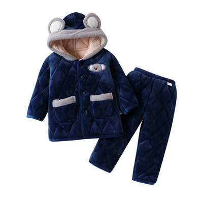 男童家居服套装秋冬新款儿童宝宝休闲服中长款法兰绒夹棉加厚睡衣