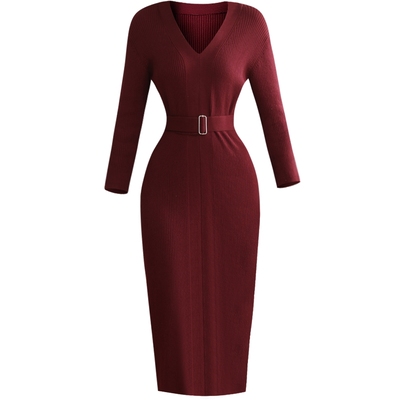 深红色复古名媛气质女神范连衣裙