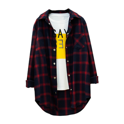 格子衬衫女宽松外套长袖磨毛酒红