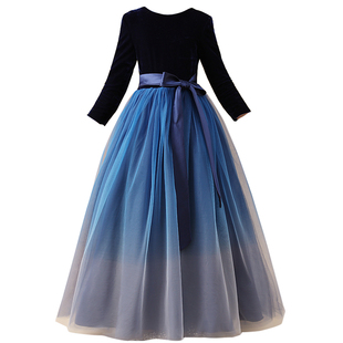 女童长款晚礼服钢琴演出服儿童合唱团主持人公主裙蓬蓬纱丝绒长袖