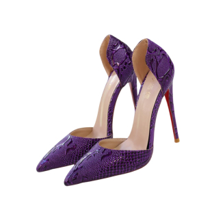 紫色蛇纹中空尖头超高跟鞋女单鞋细跟超浅口法式大小码红底鞋13CM