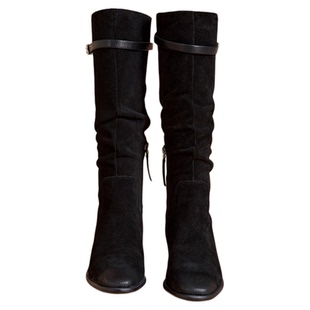 星期六气质真皮绒面长筒靴女2025秋冬新款厚底靴子长靴粗跟堆堆靴