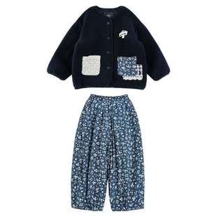 幼悠女童2025冬季新款复古加厚毛绒外套加绒保暖碎花儿童长裤套装