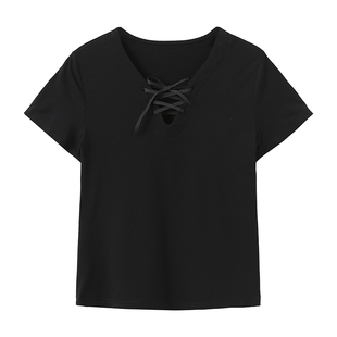 SHALL NOT UNTRUE 设计感绑带V领短袖T恤女正肩休闲百搭显瘦上衣