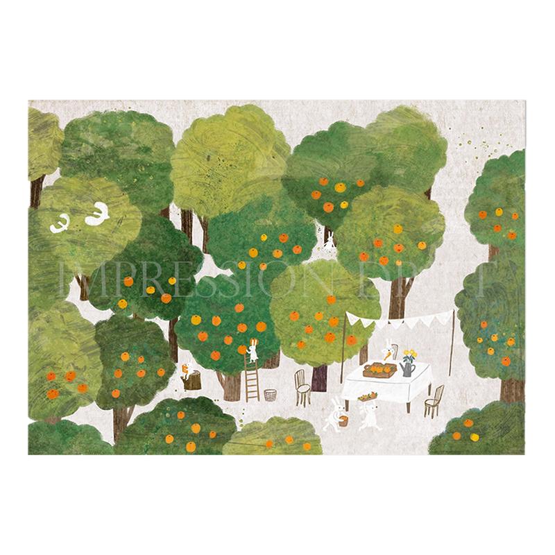 治愈卡通绿色兔子丰收插画装饰画内芯ins自粘油画布装饰画芯海报