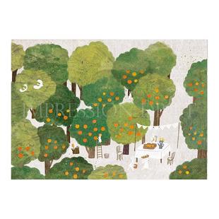 治愈卡通绿色兔子丰收插画装饰画内芯ins自粘油画布装饰画芯海报