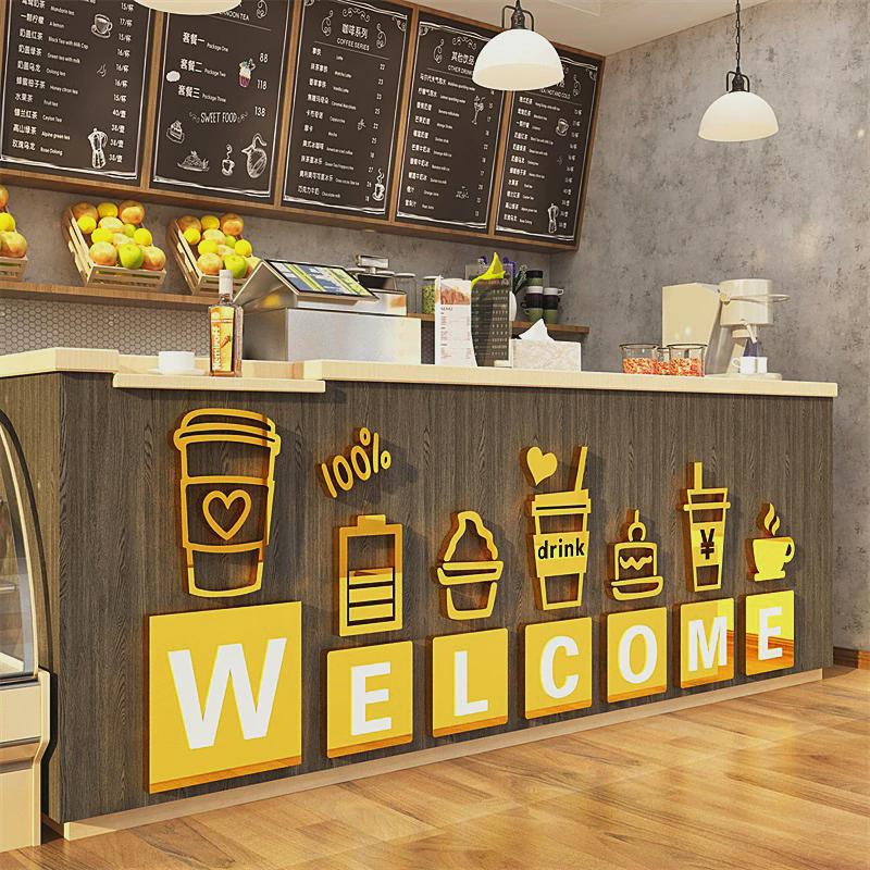 网红打卡奶茶店墙壁门口装饰吸引人咖啡馆氛围布置吧台前面贴摆件