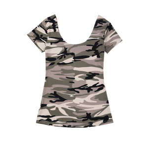 2025冬季新款迷彩U领性感露背T恤女时尚大码修身长袖上衣