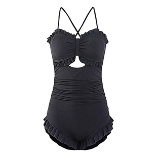 「北岛」黑色学生长袖泳衣遮肚显瘦保守女保守温泉连体平角游泳衣