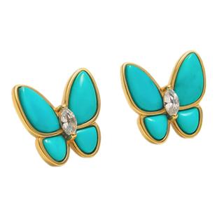 龙丰绿松轩S925银镀18K黄金蝴蝶耳钉镶嵌天然绿松石轻奢高级耳钉