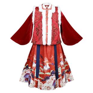 本格原创汉服女童冬装加厚红色新款新年拜年服明制高级古装中国风