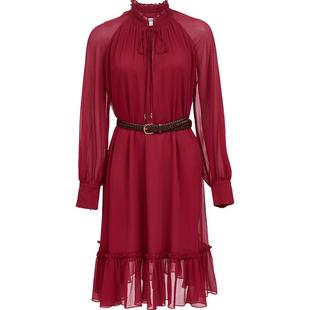 Vero Moda连衣裙2026春季新款灯笼袖系带领雪纺长袖红色裙子纯色