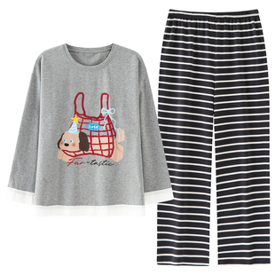 春秋季长袖睡衣套装自带胸垫一体女夏冬天家居服大码薄款卡通韩版