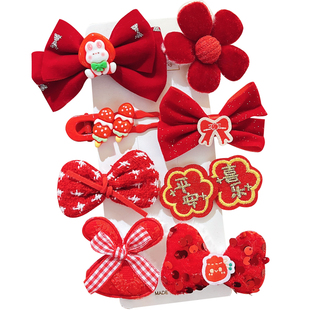 新年儿童发饰红色蝴蝶结发夹女童中国风发卡宝宝碎发bb夹过年头饰