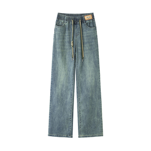 加绒松紧腰牛仔裤女直筒裤弹力抽绳阔腿裤2025秋冬新款加厚九分裤