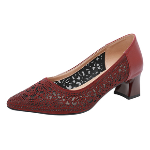 大码女鞋41到43尖头高跟凉鞋镂空单鞋夏季喜婆婆女鞋中年妈妈皮鞋