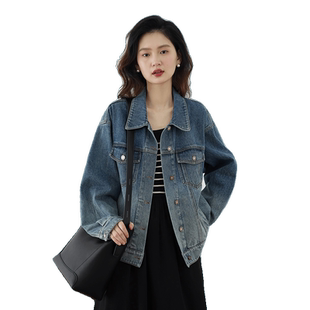 嘉茱莉春季外套女渐变复古牛仔外套翻领莱赛尔天丝上衣宽松短外套