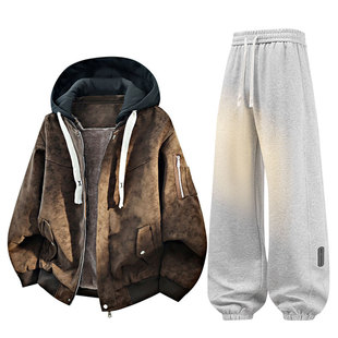 WASSUP PALM运动服套装男款2025新款冬季美式宽松皮衣长裤一整套