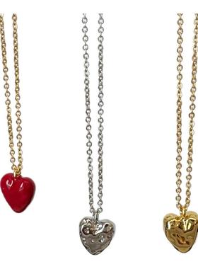 法式爱心小陨石吊坠项链小众设计感红珐琅纹理爱心吊坠锁骨链