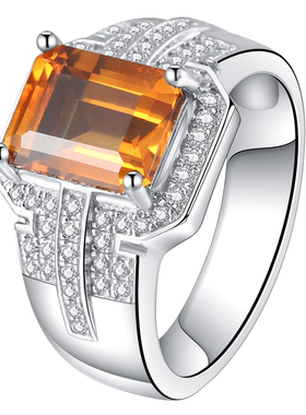 正品天然黄水晶纯银宝石男生戒指潮男个性轻奢小众高级感定制刻字