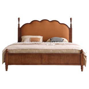 复古实木真皮软包床1.8米美式主卧大床1.5米法式全实木白蜡木床