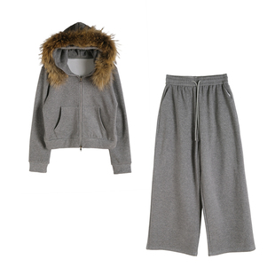 一整套加绒加厚卫衣卫裤套装女休闲毛领连帽拉链上衣阔腿裤两件套