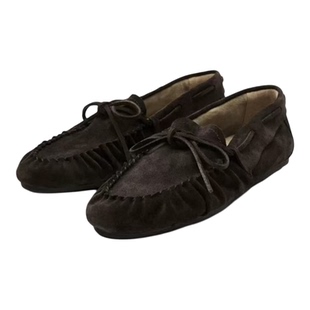 西班牙MD女鞋春夏新款平底缩褶绒面单鞋一脚蹬真皮乐福鞋豆豆鞋