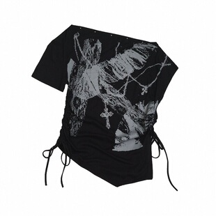 CestNous迷失末路 印花露肩短袖oversize斜肩抽绳T恤女夏季短袖