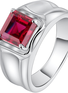 正方形合成红宝石男戒指925银镀白金红刚玉指环饰品简约免费刻字