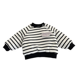 男童冬款条纹卫衣套装男宝宝韩版加绒加厚长袖打底衫婴儿保暖裤子