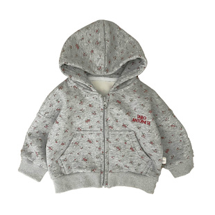 女童冬装连帽外套套装女宝宝韩版碎花加绒保暖上衣婴幼儿加厚裤子