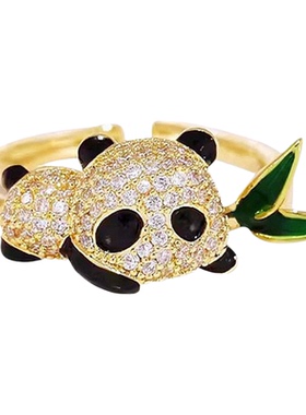 儿童轻奢锆石熊猫戒指女小众设计