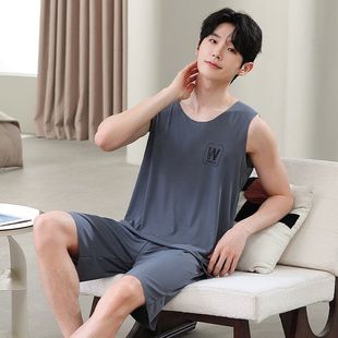 莫代尔背心短裤 薄款 加大码 无袖 夏天可外穿家居服男士 套装 睡衣夏季