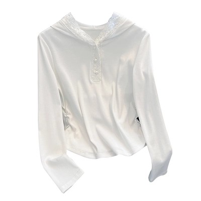 高级感拼接蕾丝花边连帽长袖T恤