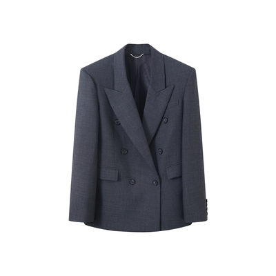 杨树林戗驳领双排灰色羊毛西装