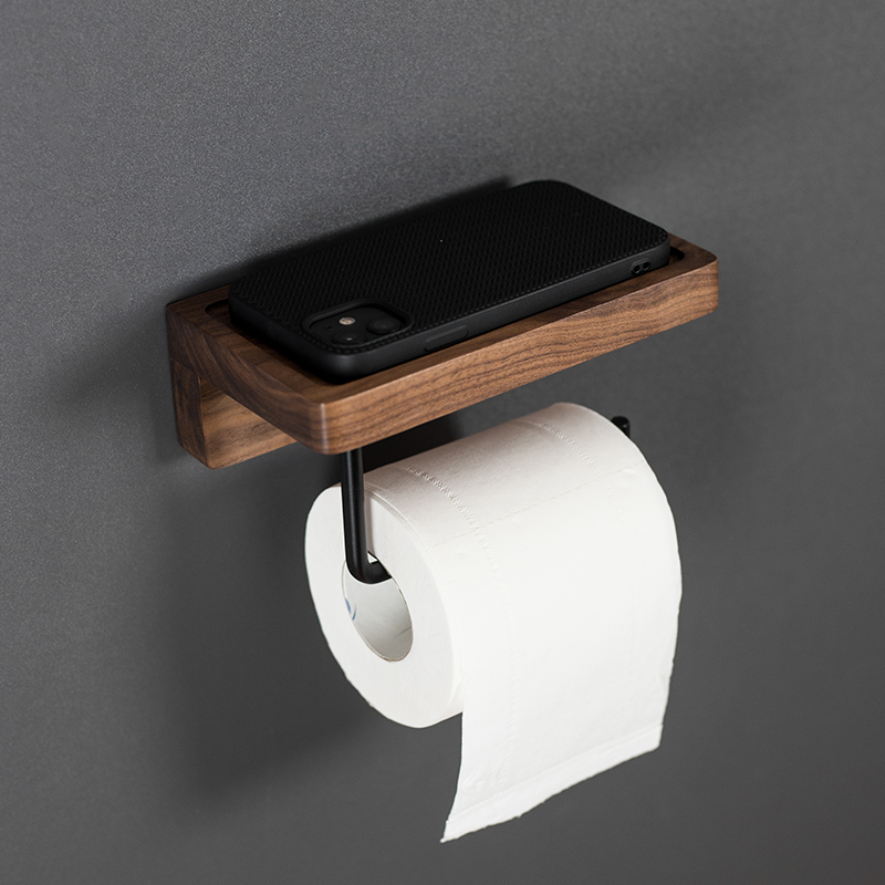 北欧实木卫生纸架免打孔 化妆室日式纸巾架 带凹槽胡桃木纸巾盒