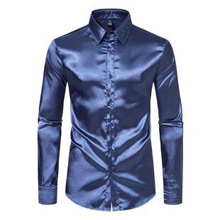 男士春秋翻领亮面长袖衬衫上衣Nightclub Style Satin Shirt Men