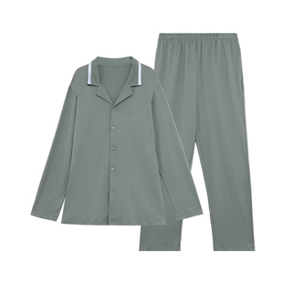 安莉芳纯棉翻领睡衣开襟长袖长裤100棉舒适男士透气家居服套装