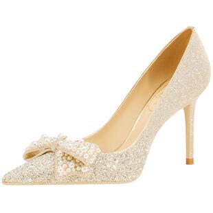 星际穿越rosecastle婚宴鞋水晶婚鞋金色蝴蝶结高跟新娘鞋日常可穿