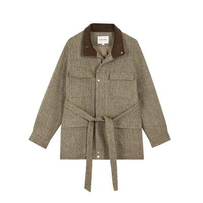 毛呢拼麂皮复古休闲外套女大衣