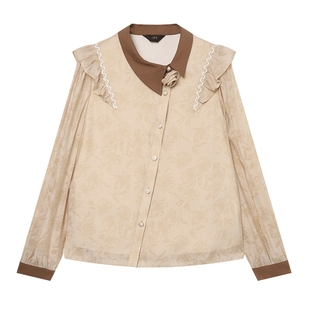 白鹿语立体花朵装饰衬衣2025春季新款款斜门襟设计撞色翻领衬衫女