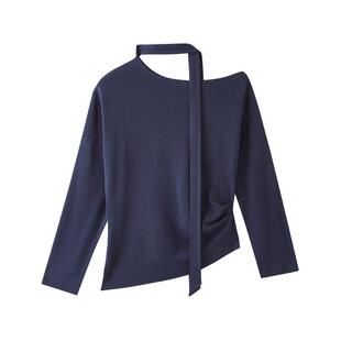 三福斜肩上衣2026春季新款韩系漂亮围脖飘带显瘦t恤女装510629