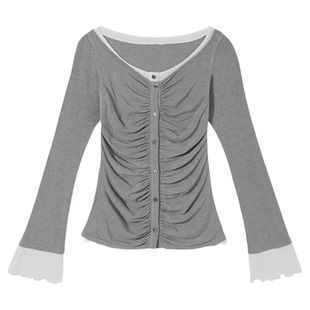 PSO Brand女装假两件撞色褶皱针织开衫修身长袖一字肩上衣百搭秋