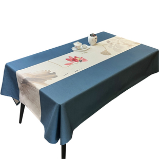 中式桌布椅套国风家用蓝色喝茶室禅意荷花桌垫椅套加厚棉麻茶室